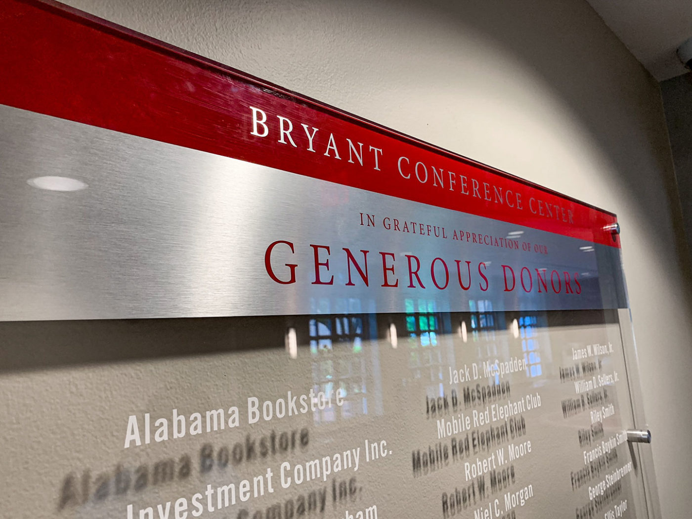 Acrylic donor display signage for Bryant Conference Center